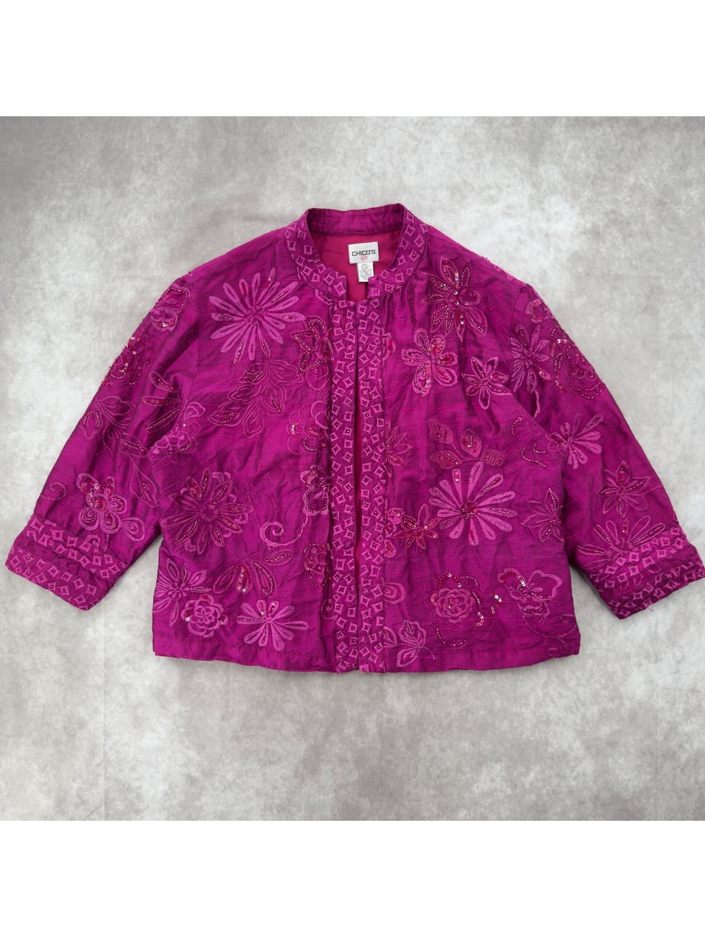 Vintage Chico’s 100% Silk Beaded Floral Blazer Jacket Magenta L